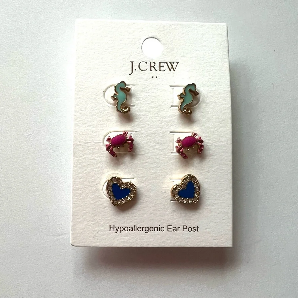 J. Crew Seahorse, Crab, and Heart Earrings post set trio - Picture 2 of 2